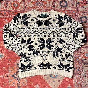 Lauren LRL Women’s Cotton Nordic Snowflake White Black Sweater Button Large